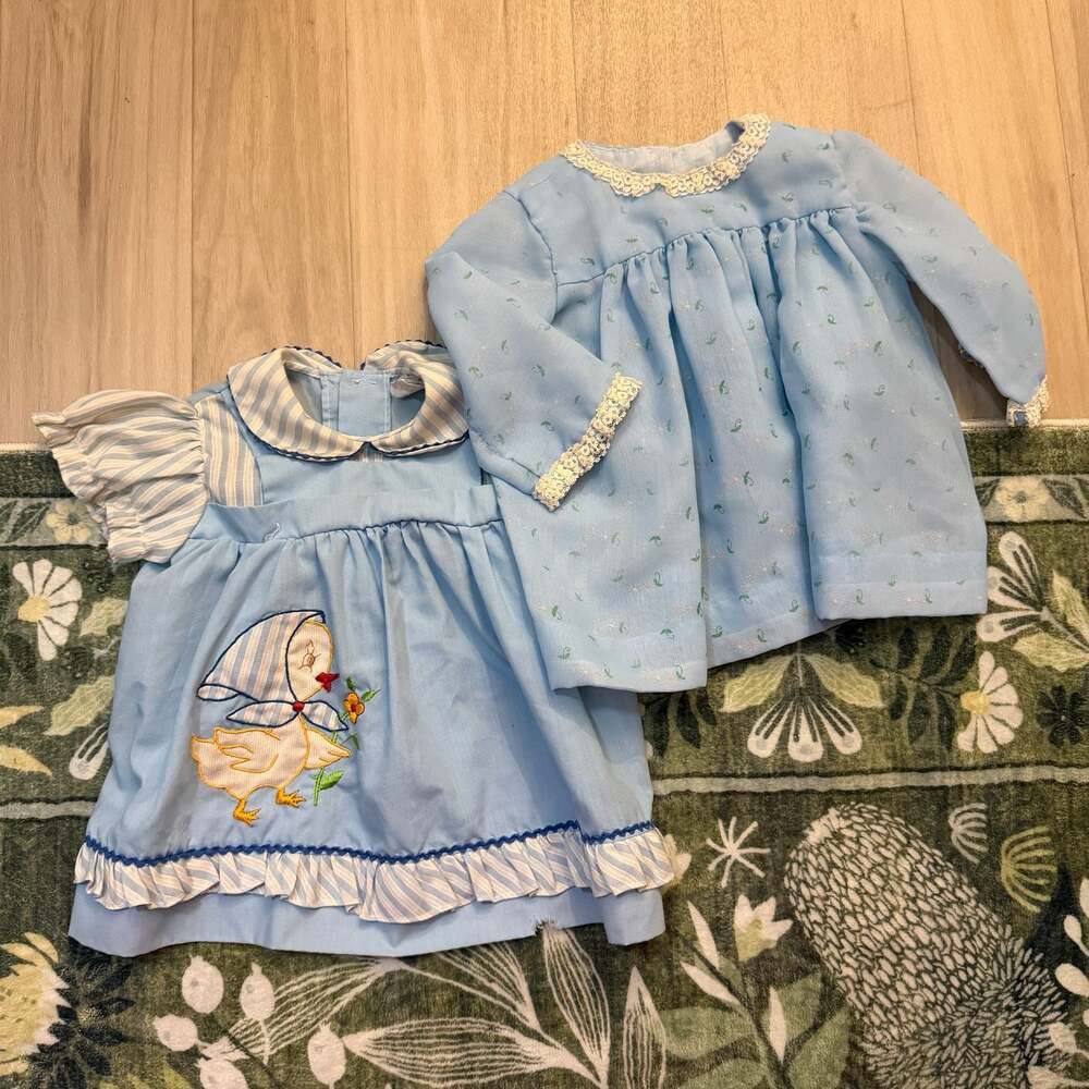 Vintage Baby Girls 2-Piece Blue Dress Set with Embroidered Ducky and Lace Dress